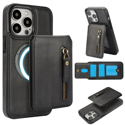 For iPhone 13 Pro Max Zipper Wallet Split MagSafe Leather Back Phone Case(Black) - iPhone 13 Pro Max Cases by buy2fix | Online Shopping UK | buy2fix