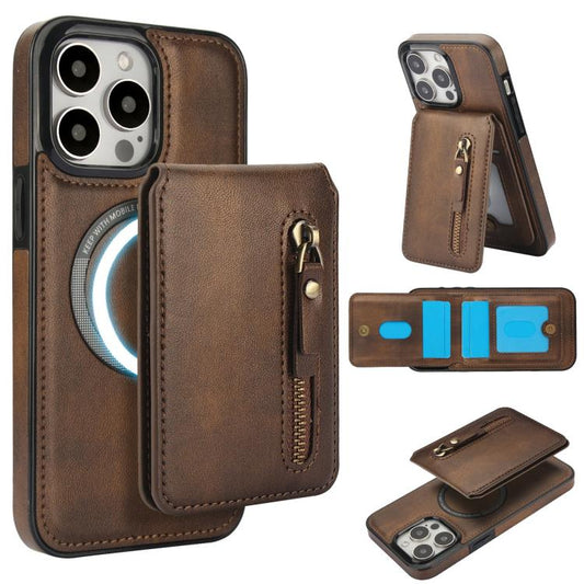 For iPhone 13 Pro Max Zipper Wallet Split MagSafe Leather Back Phone Case(Brown) - iPhone 13 Pro Max Cases by buy2fix | Online Shopping UK | buy2fix