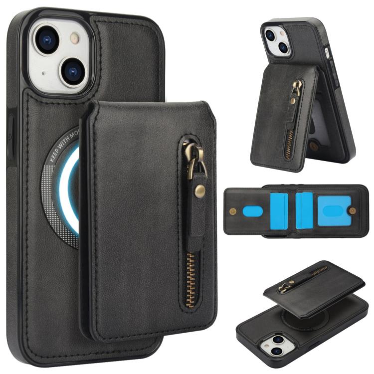 For iPhone 13 Zipper Wallet Split MagSafe Leather Back Phone Case(Black) - iPhone 13 Cases by buy2fix | Online Shopping UK | buy2fix