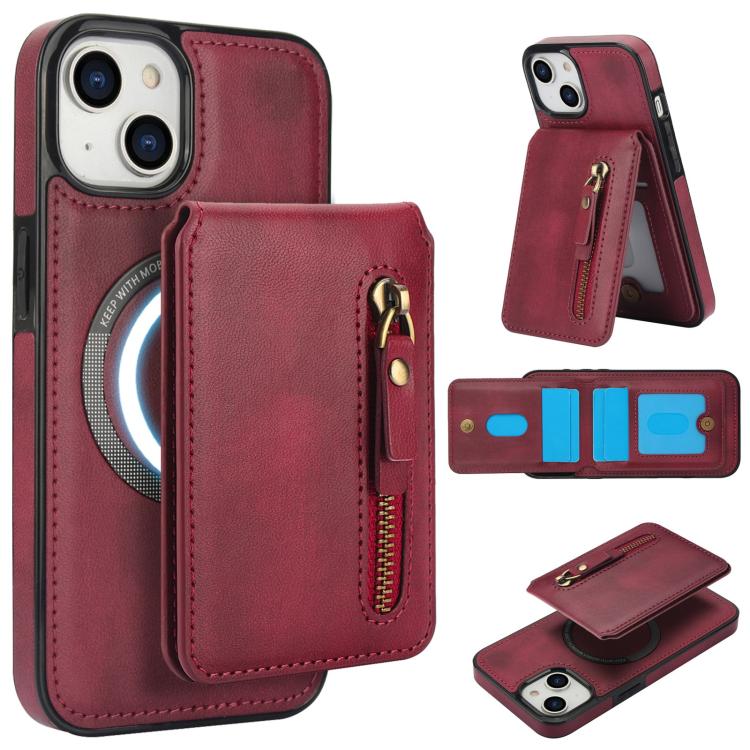 For iPhone 13 Zipper Wallet Split MagSafe Leather Back Phone Case(Red) - iPhone 13 Cases by buy2fix | Online Shopping UK | buy2fix