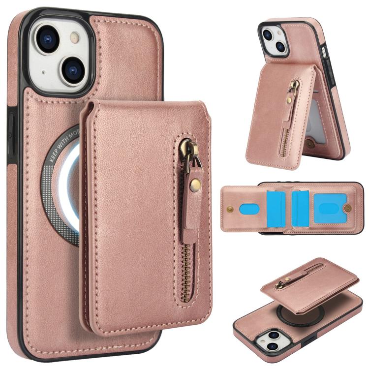 For iPhone 13 Zipper Wallet Split MagSafe Leather Back Phone Case(Rose Gold) - iPhone 13 Cases by buy2fix | Online Shopping UK | buy2fix