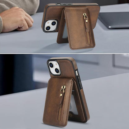For iPhone 13 mini Zipper Wallet Split MagSafe Leather Back Phone Case(Brown) - iPhone 13 mini Cases by buy2fix | Online Shopping UK | buy2fix