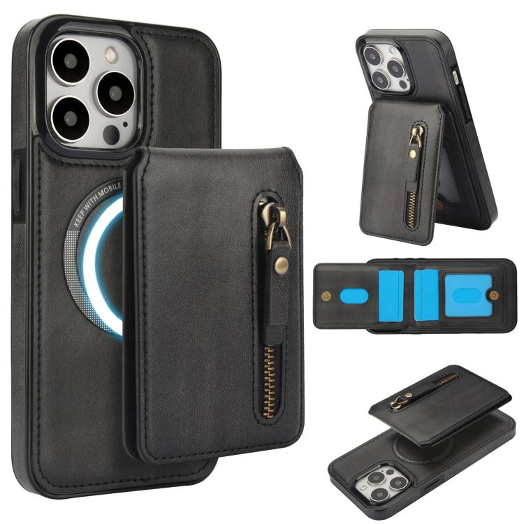 For iPhone 12 Pro Max Zipper Wallet Split MagSafe Leather Back Phone Case(Black) - iPhone 12 Pro Max Cases by buy2fix | Online Shopping UK | buy2fix