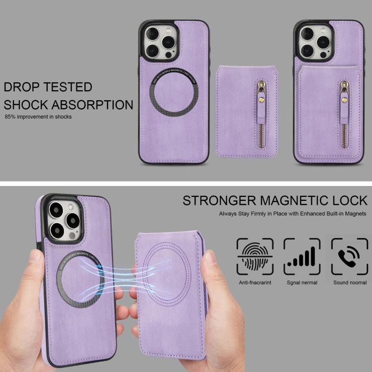 For iPhone 12 Pro Max Zipper Wallet Split MagSafe Leather Back Phone Case(Purple) - iPhone 12 Pro Max Cases by buy2fix | Online Shopping UK | buy2fix
