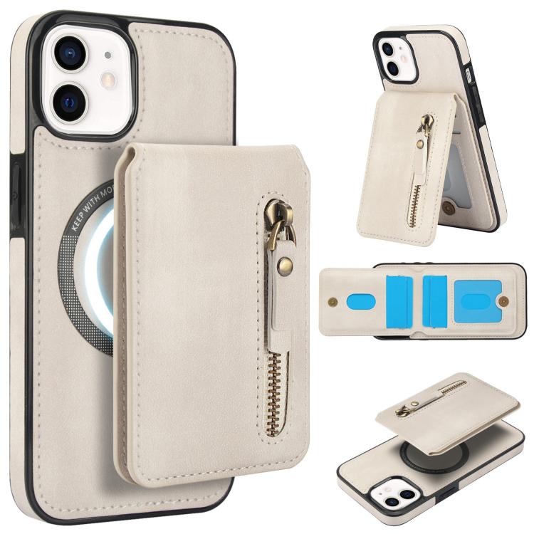 For iPhone 12 mini Zipper Wallet Split MagSafe Leather Back Phone Case(White) - iPhone 12 mini Cases by buy2fix | Online Shopping UK | buy2fix