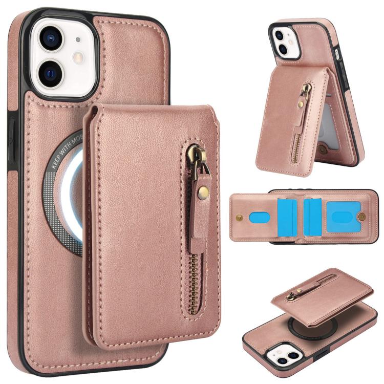 For iPhone 12 mini Zipper Wallet Split MagSafe Leather Back Phone Case(Rose Gold) - iPhone 12 mini Cases by buy2fix | Online Shopping UK | buy2fix
