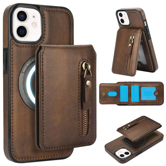For iPhone 12 mini Zipper Wallet Split MagSafe Leather Back Phone Case(Brown) - iPhone 12 mini Cases by buy2fix | Online Shopping UK | buy2fix
