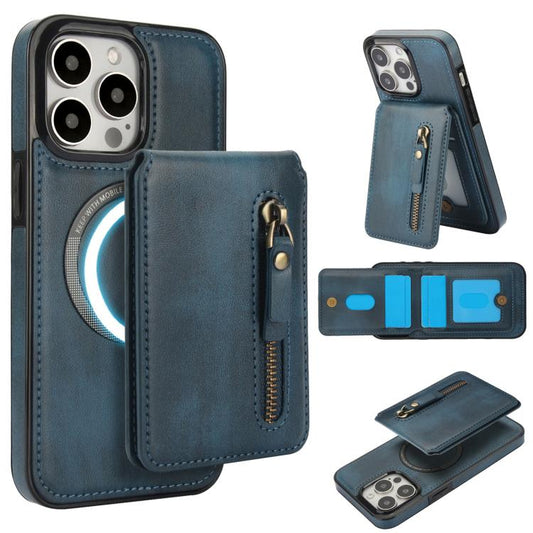 For iPhone 11 Pro Max Zipper Wallet Split MagSafe Leather Back Phone Case(Blue) - iPhone 11 Pro Max Cases by buy2fix | Online Shopping UK | buy2fix