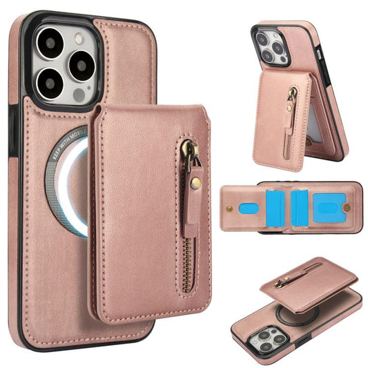 For iPhone 11 Pro Max Zipper Wallet Split MagSafe Leather Back Phone Case(Rose Gold) - iPhone 11 Pro Max Cases by buy2fix | Online Shopping UK | buy2fix