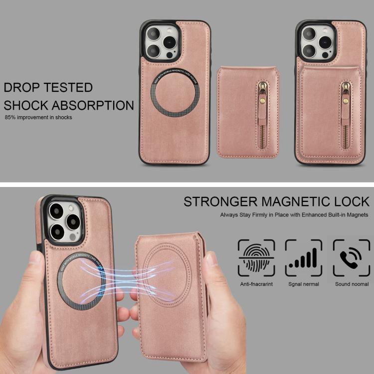 For iPhone 11 Pro Zipper Wallet Split MagSafe Leather Back Phone Case(Rose Gold) - iPhone 11 Pro Cases by buy2fix | Online Shopping UK | buy2fix