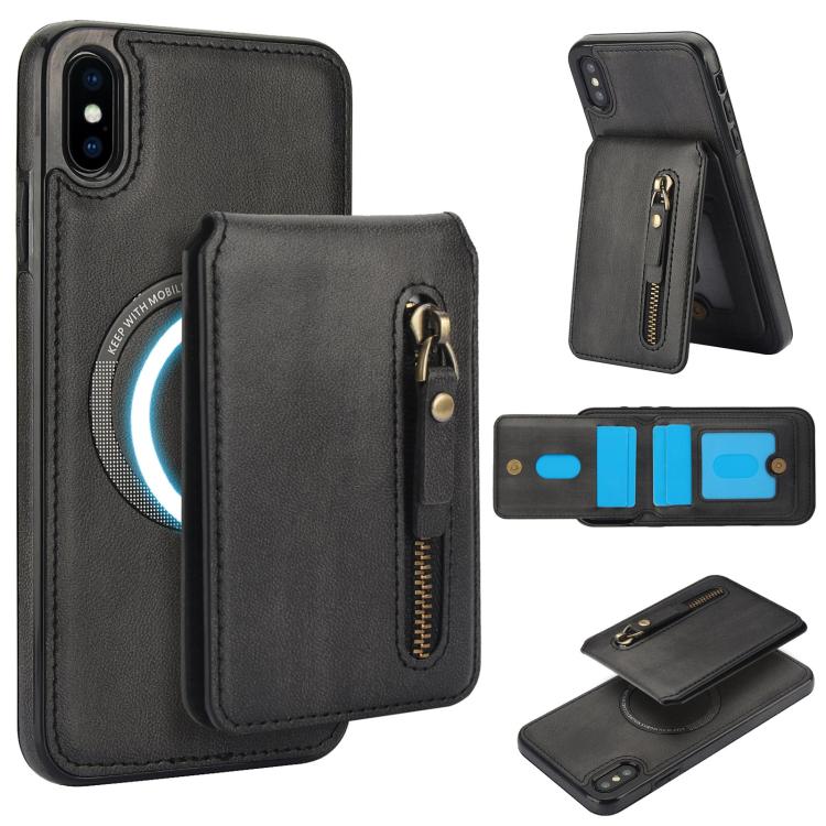 For iPhone X / XS Zipper Wallet Split MagSafe Leather Back Phone Case(Black) - More iPhone Cases by buy2fix | Online Shopping UK | buy2fix