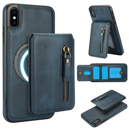 For iPhone X / XS Zipper Wallet Split MagSafe Leather Back Phone Case(Blue) - More iPhone Cases by buy2fix | Online Shopping UK | buy2fix
