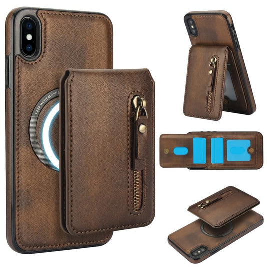 For iPhone X / XS Zipper Wallet Split MagSafe Leather Back Phone Case(Brown) - More iPhone Cases by buy2fix | Online Shopping UK | buy2fix