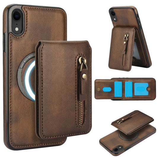 For iPhone XR Zipper Wallet Split MagSafe Leather Back Phone Case(Brown) - More iPhone Cases by buy2fix | Online Shopping UK | buy2fix