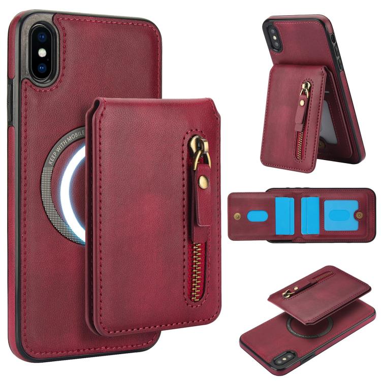 For iPhone XS Max Zipper Wallet Split MagSafe Leather Back Phone Case(Red) - More iPhone Cases by buy2fix | Online Shopping UK | buy2fix