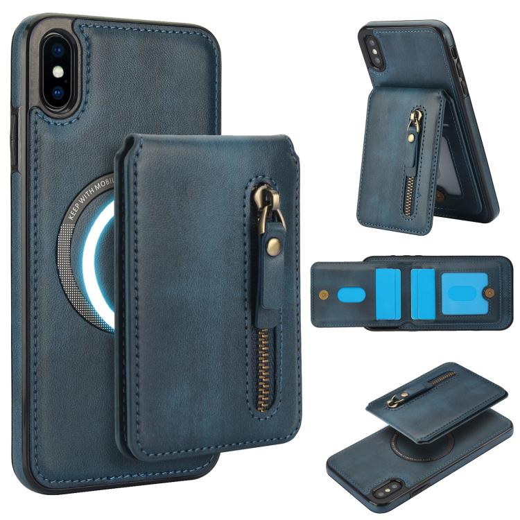 For iPhone XS Max Zipper Wallet Split MagSafe Leather Back Phone Case(Blue) - More iPhone Cases by buy2fix | Online Shopping UK | buy2fix