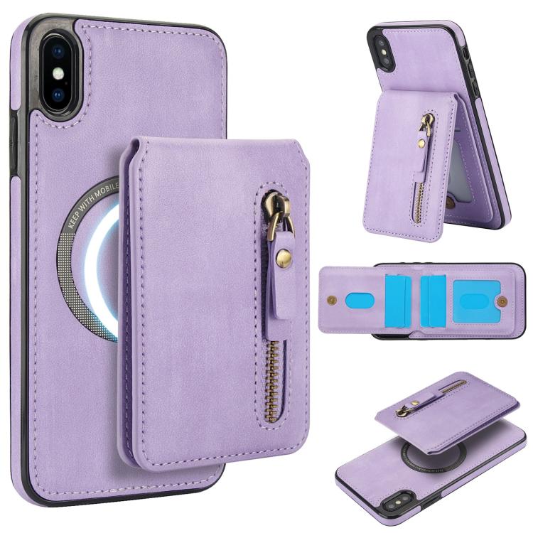 For iPhone XS Max Zipper Wallet Split MagSafe Leather Back Phone Case(Purple) - More iPhone Cases by buy2fix | Online Shopping UK | buy2fix