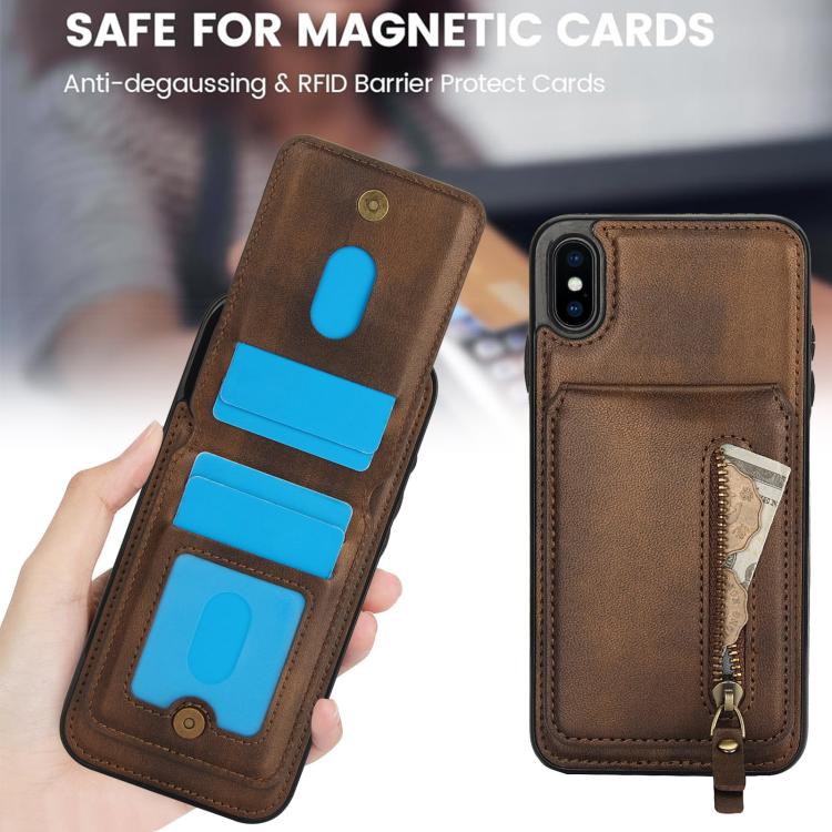 For iPhone XS Max Zipper Wallet Split MagSafe Leather Back Phone Case(Brown) - More iPhone Cases by buy2fix | Online Shopping UK | buy2fix