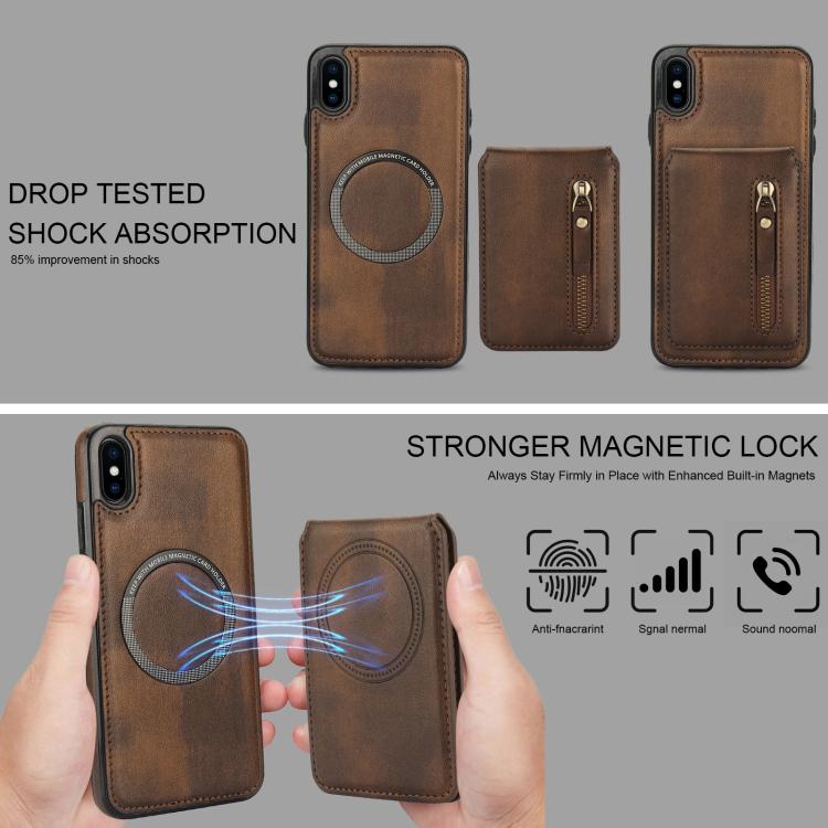 For iPhone XS Max Zipper Wallet Split MagSafe Leather Back Phone Case(Brown) - More iPhone Cases by buy2fix | Online Shopping UK | buy2fix