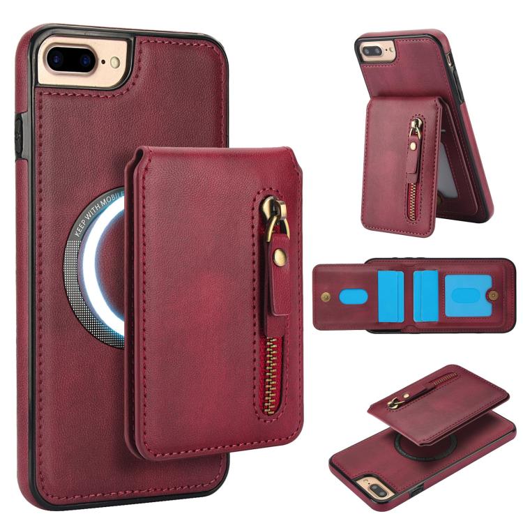 For iPhone 7 Plus / 8 Plus Zipper Wallet Split MagSafe Leather Back Phone Case(Red) - More iPhone Cases by buy2fix | Online Shopping UK | buy2fix