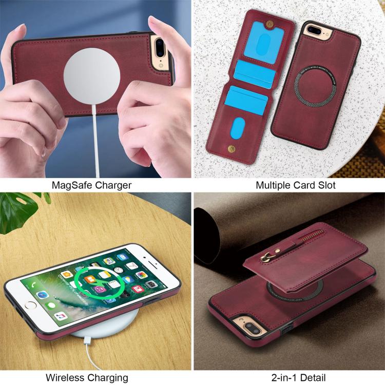 For iPhone 7 Plus / 8 Plus Zipper Wallet Split MagSafe Leather Back Phone Case(Red) - More iPhone Cases by buy2fix | Online Shopping UK | buy2fix