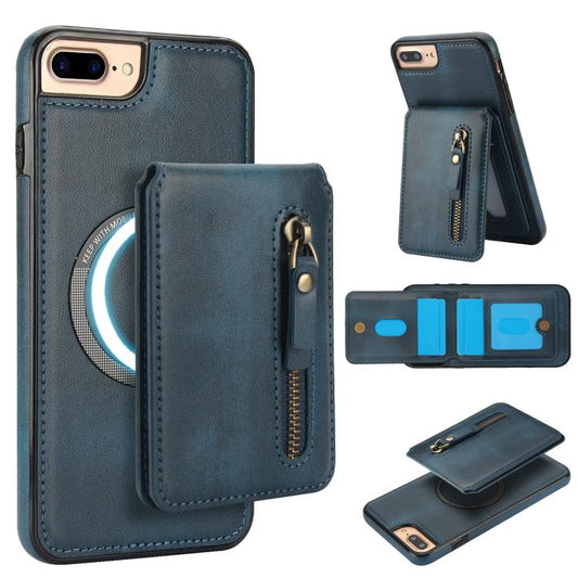 For iPhone 7 Plus / 8 Plus Zipper Wallet Split MagSafe Leather Back Phone Case(Blue) - More iPhone Cases by buy2fix | Online Shopping UK | buy2fix