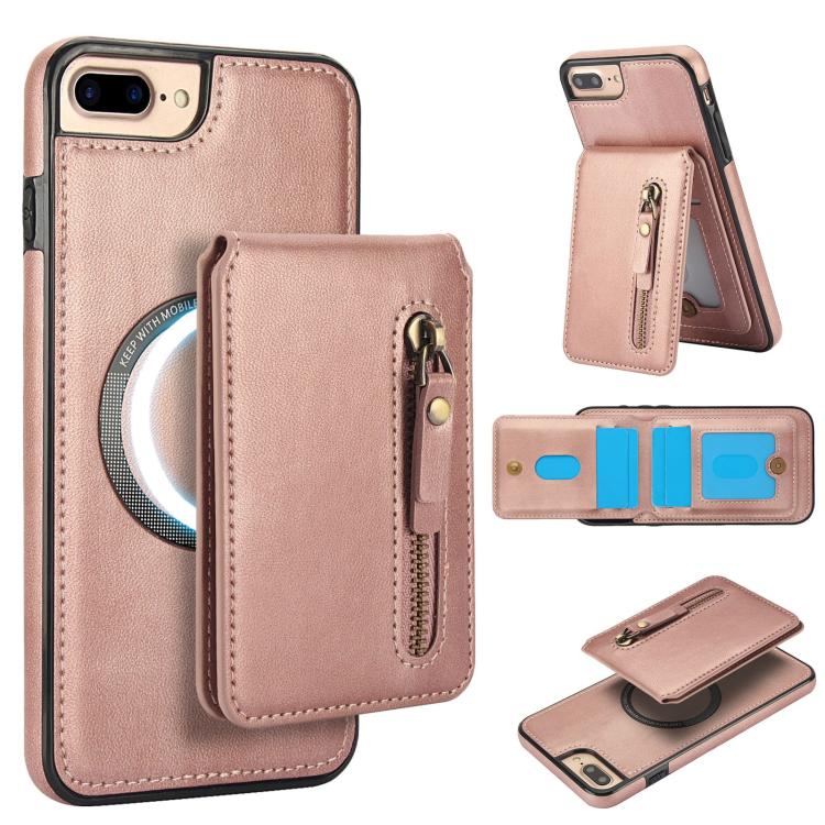 For iPhone 7 Plus / 8 Plus Zipper Wallet Split MagSafe Leather Back Phone Case(Rose Gold) - More iPhone Cases by buy2fix | Online Shopping UK | buy2fix