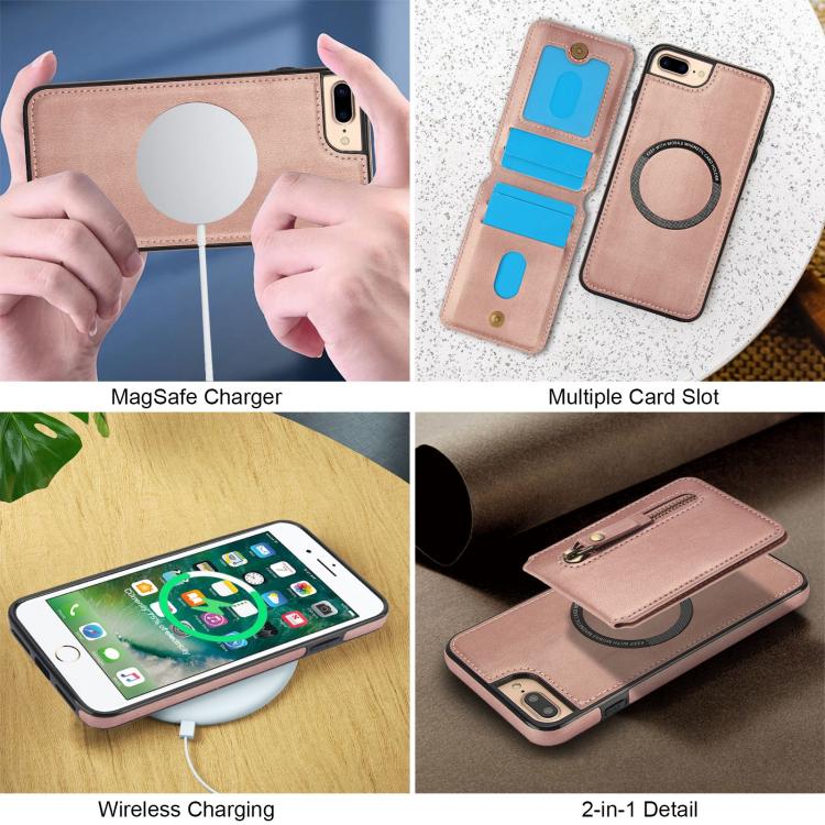 For iPhone 7 Plus / 8 Plus Zipper Wallet Split MagSafe Leather Back Phone Case(Rose Gold) - More iPhone Cases by buy2fix | Online Shopping UK | buy2fix