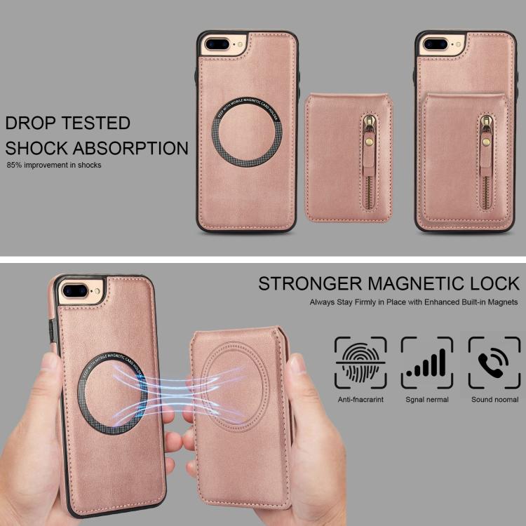 For iPhone 7 Plus / 8 Plus Zipper Wallet Split MagSafe Leather Back Phone Case(Rose Gold) - More iPhone Cases by buy2fix | Online Shopping UK | buy2fix