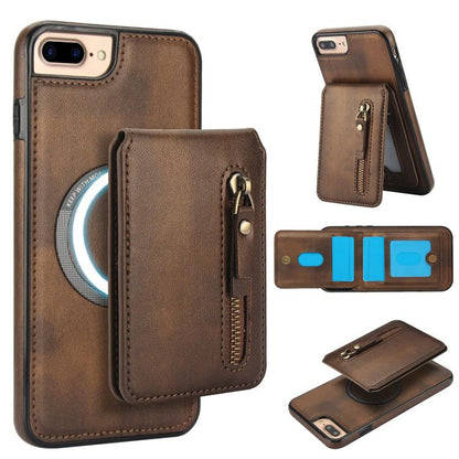 For iPhone 7 Plus / 8 Plus Zipper Wallet Split MagSafe Leather Back Phone Case(Brown) - More iPhone Cases by buy2fix | Online Shopping UK | buy2fix