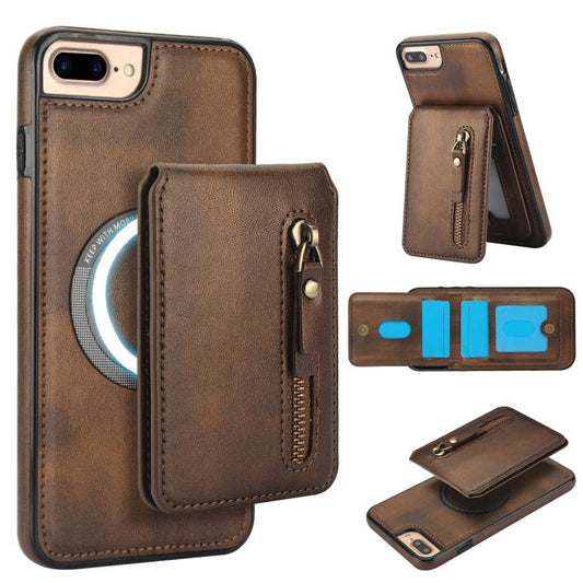 For iPhone 7 Plus / 8 Plus Zipper Wallet Split MagSafe Leather Back Phone Case(Brown) - More iPhone Cases by buy2fix | Online Shopping UK | buy2fix