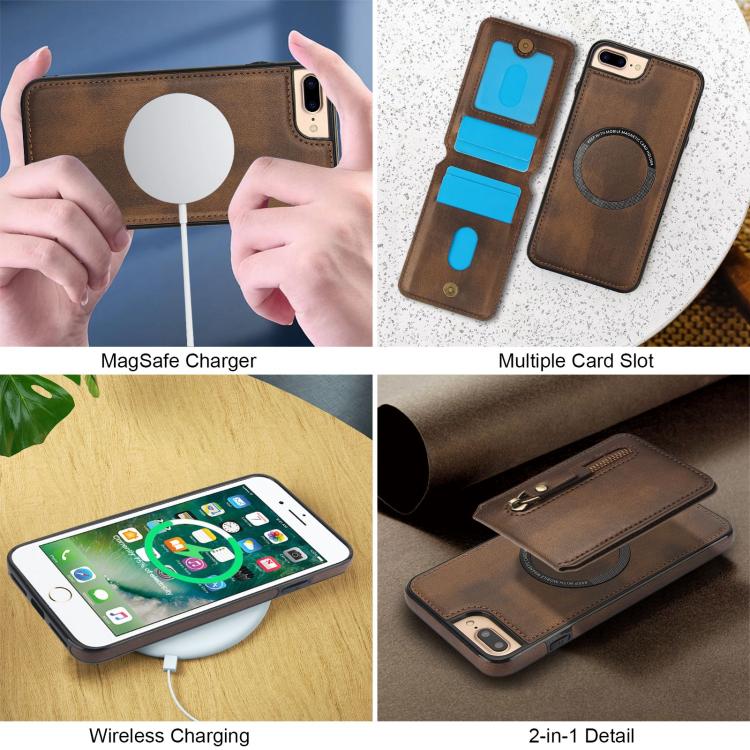 For iPhone 7 Plus / 8 Plus Zipper Wallet Split MagSafe Leather Back Phone Case(Brown) - More iPhone Cases by buy2fix | Online Shopping UK | buy2fix