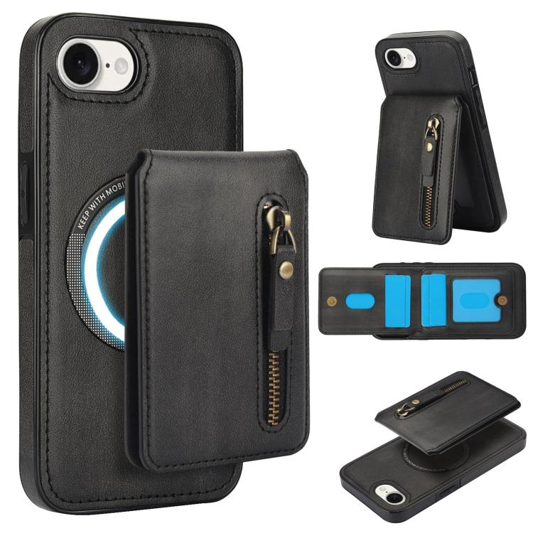 For iPhone 16e Zipper Wallet Split MagSafe Leather Back Phone Case(Black) - iPhone 16e Cases by buy2fix | Online Shopping UK | buy2fix