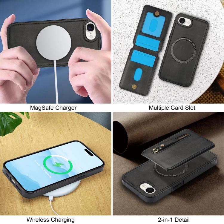 For iPhone 16e Zipper Wallet Split MagSafe Leather Back Phone Case(Black) - iPhone 16e Cases by buy2fix | Online Shopping UK | buy2fix