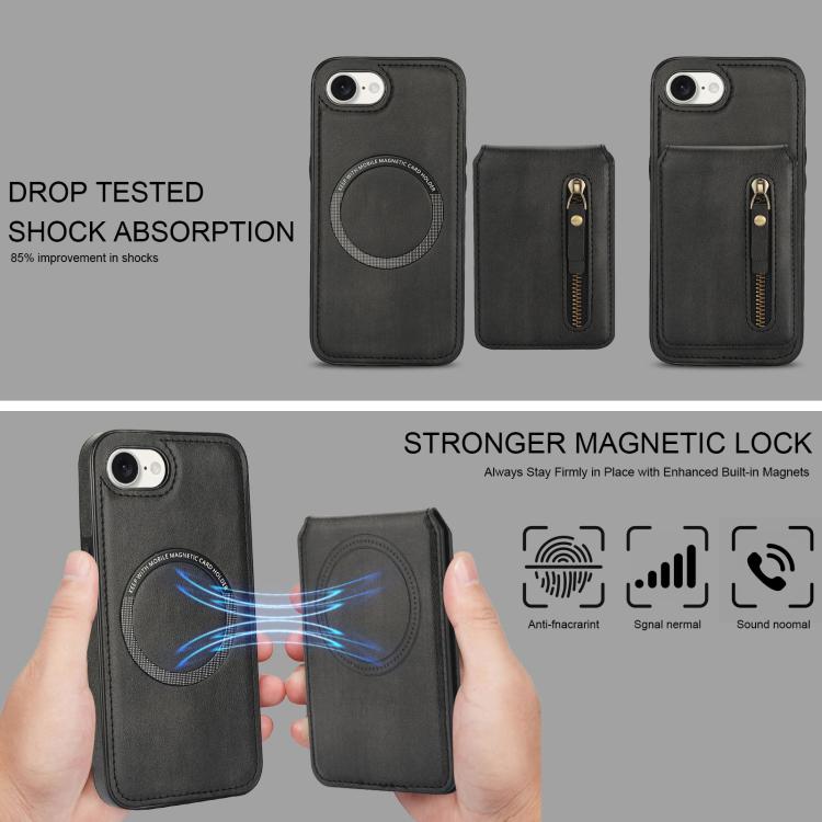 For iPhone 16e Zipper Wallet Split MagSafe Leather Back Phone Case(Black) - iPhone 16e Cases by buy2fix | Online Shopping UK | buy2fix
