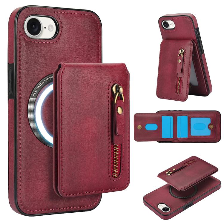 For iPhone 16e Zipper Wallet Split MagSafe Leather Back Phone Case(Red) - iPhone 16e Cases by buy2fix | Online Shopping UK | buy2fix