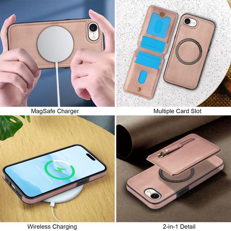 For iPhone 16e Zipper Wallet Split MagSafe Leather Back Phone Case(Rose Gold) - iPhone 16e Cases by buy2fix | Online Shopping UK | buy2fix