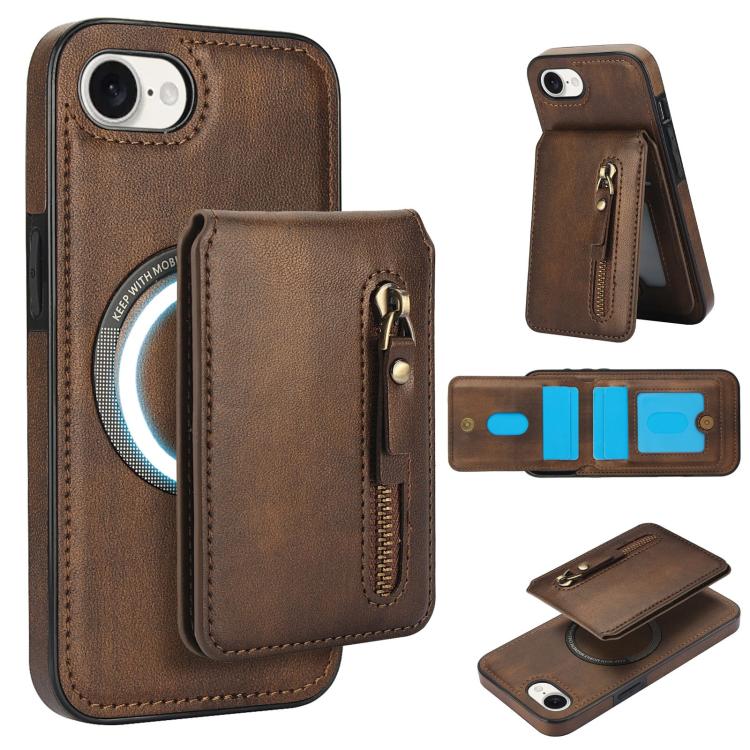 For iPhone 16e Zipper Wallet Split MagSafe Leather Back Phone Case(Brown) - iPhone 16e Cases by buy2fix | Online Shopping UK | buy2fix