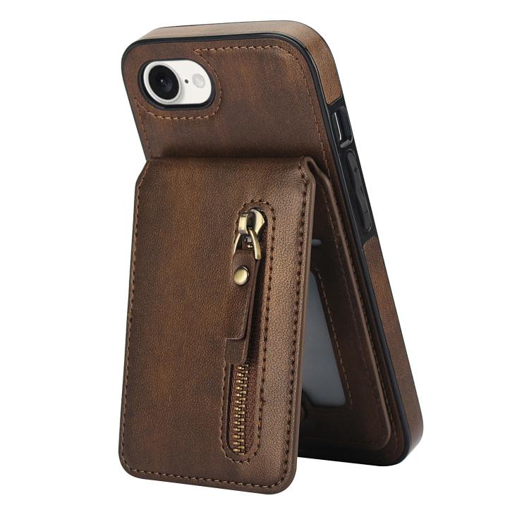 For iPhone 16e Zipper Wallet Split MagSafe Leather Back Phone Case(Brown) - iPhone 16e Cases by buy2fix | Online Shopping UK | buy2fix