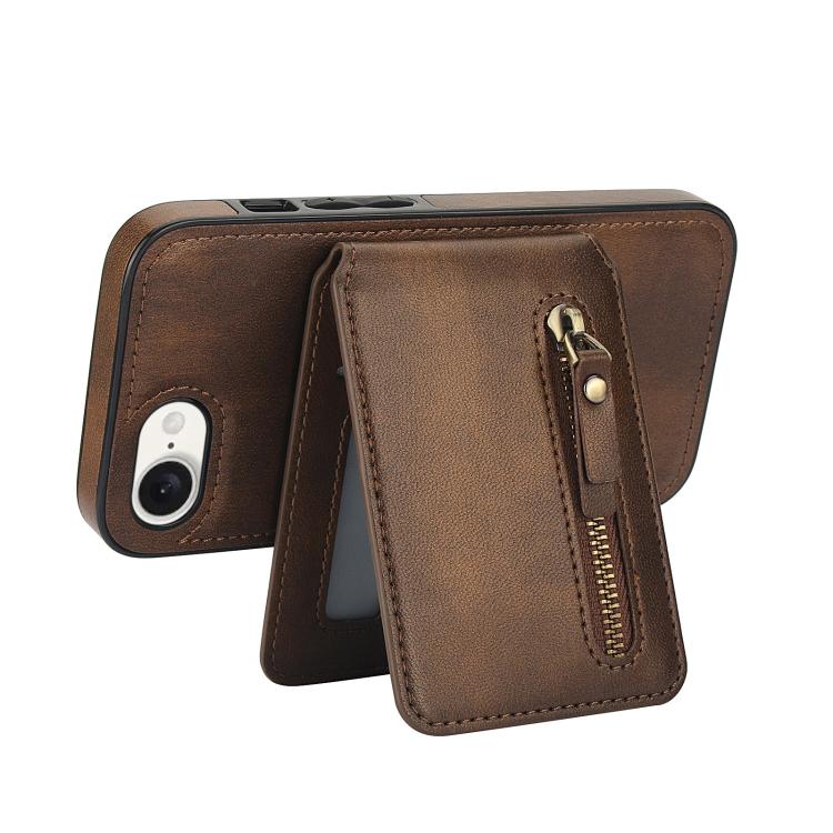 For iPhone 16e Zipper Wallet Split MagSafe Leather Back Phone Case(Brown) - iPhone 16e Cases by buy2fix | Online Shopping UK | buy2fix