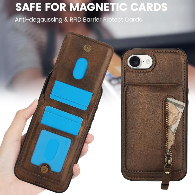 For iPhone 16e Zipper Wallet Split MagSafe Leather Back Phone Case(Brown) - iPhone 16e Cases by buy2fix | Online Shopping UK | buy2fix