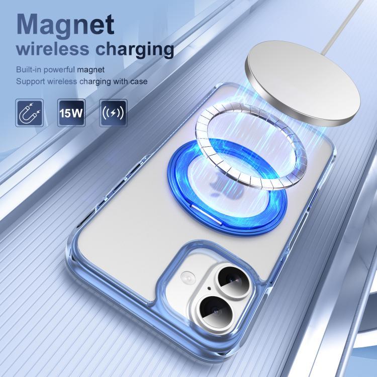 For iPhone 16 Plus Translucent Frosted MagSafe Holder Phone Case with AI Button(Blue) - iPhone 16 Plus Cases by buy2fix | Online Shopping UK | buy2fix
