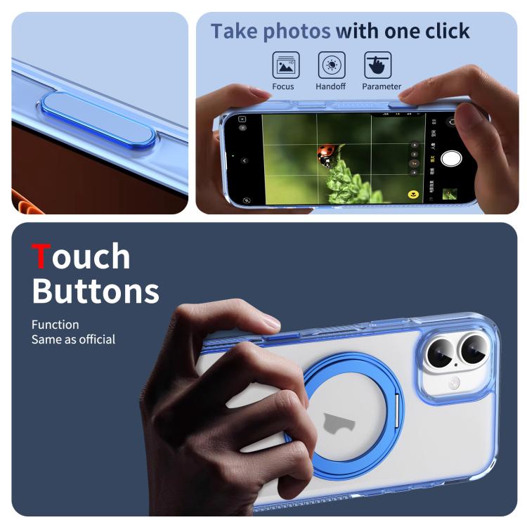 For iPhone 16 Plus Translucent Frosted MagSafe Holder Phone Case with AI Button(Blue) - iPhone 16 Plus Cases by buy2fix | Online Shopping UK | buy2fix