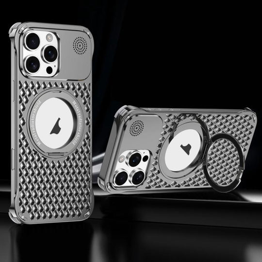 For iPhone 16 Pro R-JUST RJ-64 Aromatherapy Heat Dissipation MagSafe Phone Case with Stand(Grey)