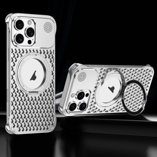 For iPhone 16 Pro R-JUST RJ-64 Aromatherapy Heat Dissipation MagSafe Phone Case with Stand(Silver)