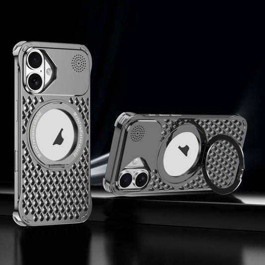 For iPhone 16 R-JUST RJ-64 Aromatherapy Heat Dissipation MagSafe Phone Case with Stand(Grey) - iPhone 16 Cases by R-JUST | Online Shopping UK | buy2fix