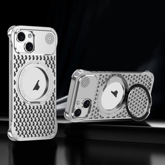 For iPhone 15 R-JUST RJ-64 Aromatherapy Heat Dissipation MagSafe Phone Case with Stand(Silver) - iPhone 15 Cases by R-JUST | Online Shopping UK | buy2fix