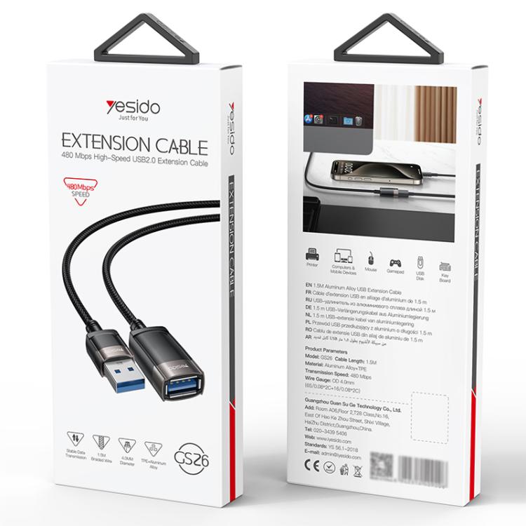 Yesido GS26 480Mbps High Speed USB2.0 Extension Cable, Length: 1.5m(Black) - USB Cable by Yesido | Online Shopping UK | buy2fix