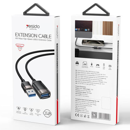 Yesido GS26 480Mbps High Speed USB2.0 Extension Cable, Length: 1.5m(Black) - USB Cable by Yesido | Online Shopping UK | buy2fix