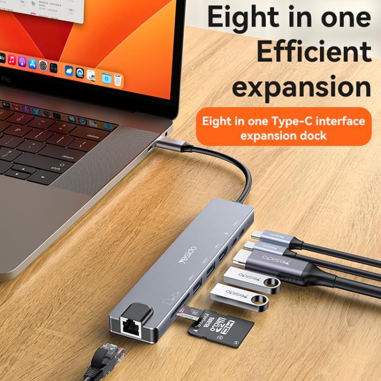 Yesido HB27 8 in 1 Type-C 3.1 Multifunctional HUB Adapter Docking Station(Dark Grey) - USB HUB by Yesido | Online Shopping UK | buy2fix